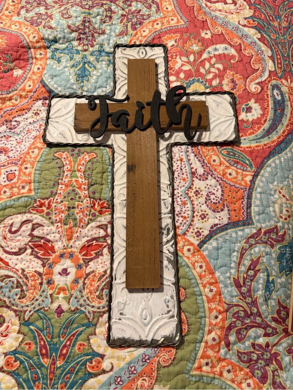 Wood & White Decorative Cross Wall Accent - Faith Script